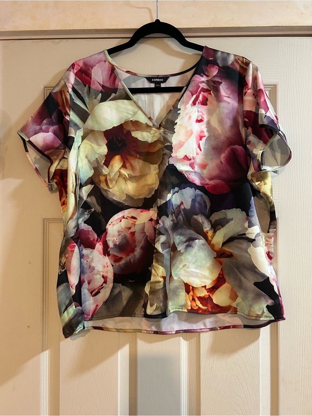Express Floral V-Neck Short Sleeve Top in Pink, Purple, Cream